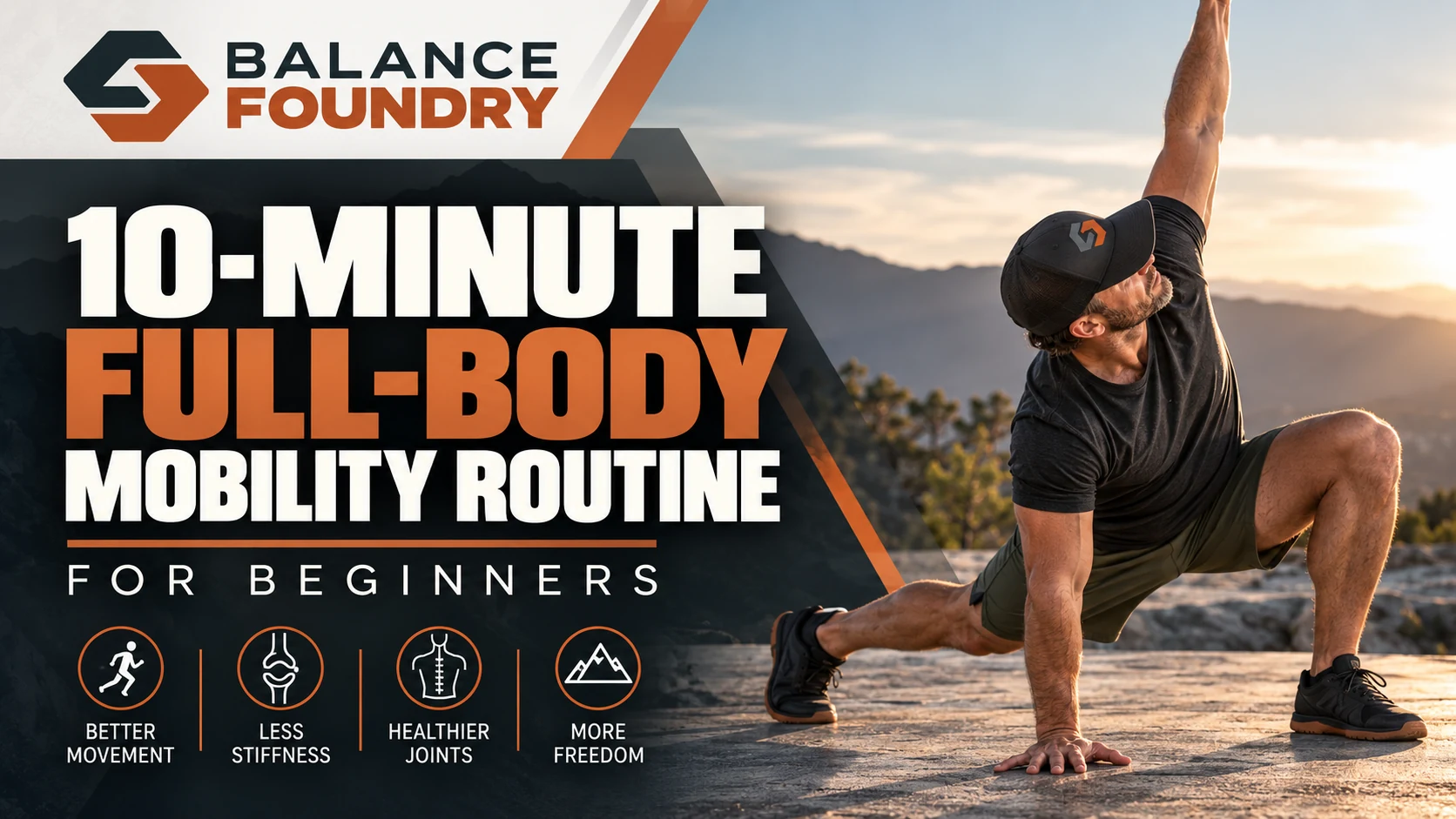 Man performing a full-body mobility lunge outdoors with Balance Foundry branding and the title 10-Minute Full-Body Mobility Routine for Beginners.