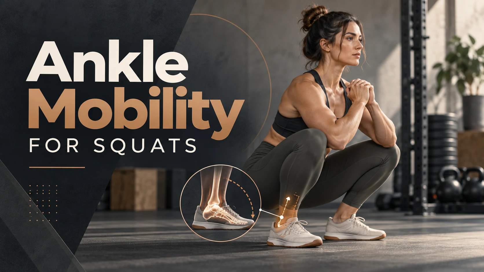 Woman performing a deep squat demonstrating ankle mobility and dorsiflexion for improved squat depth
