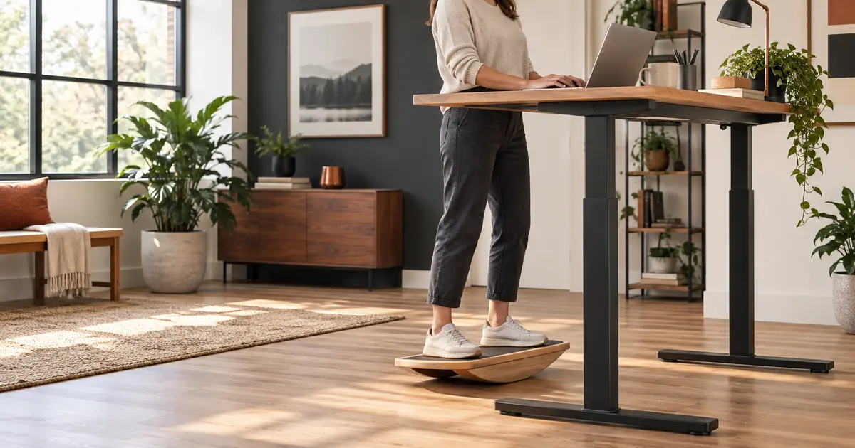 Person using a wooden balance board while working at a standing desk