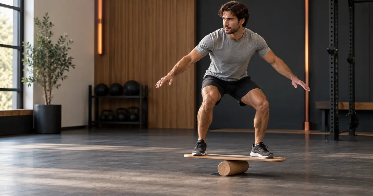 Athlete performing a controlled squat stance on a wooden roller balance board