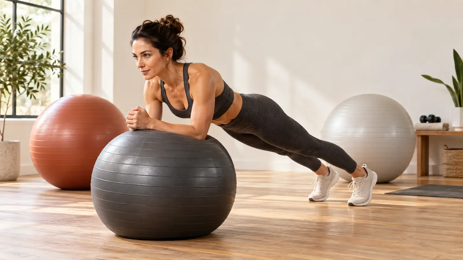 Woman performing a core exercise with full-size stability balls in a home gym