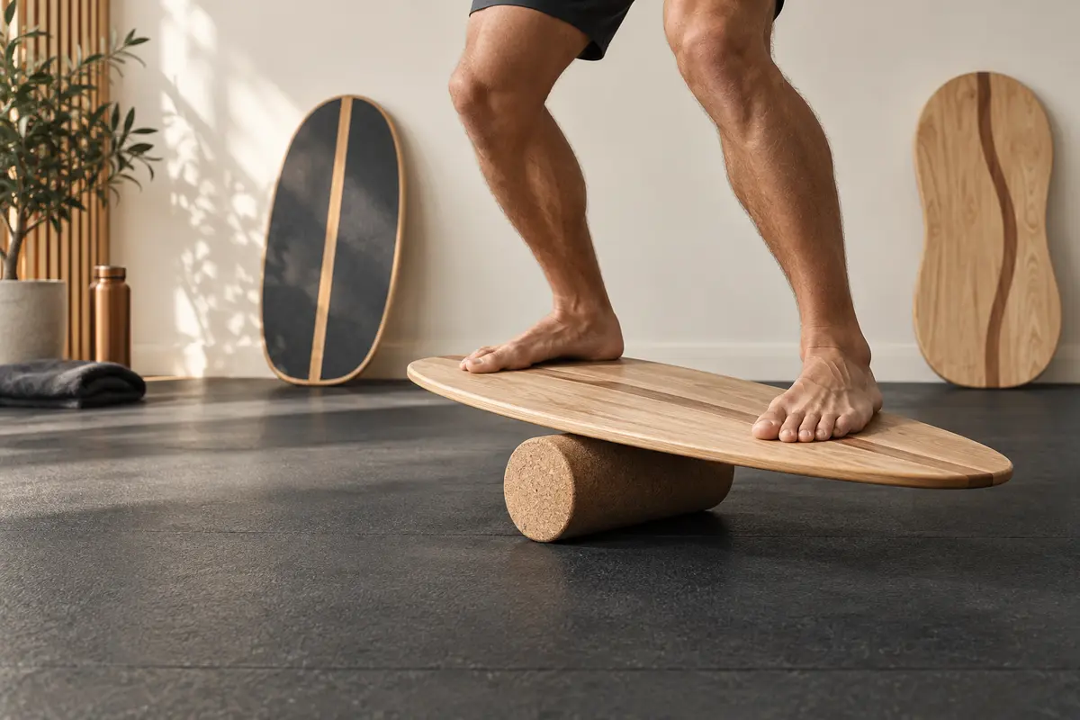 Barefoot athlete training on a wooden balance board with a cork roller