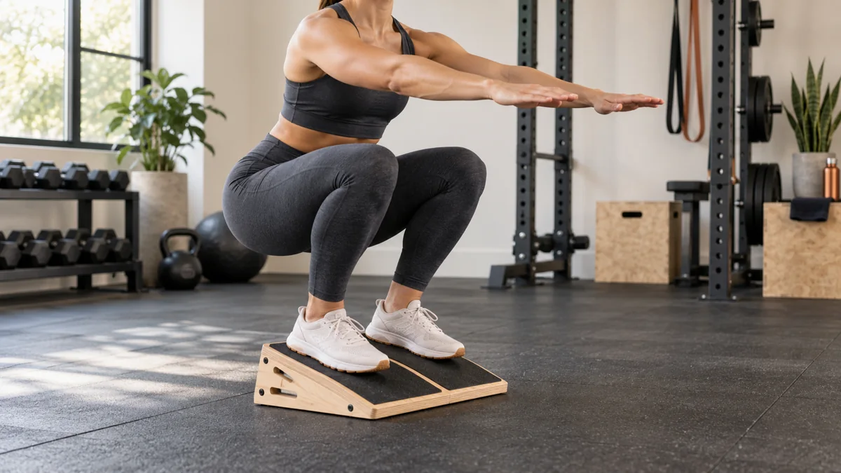Woman performing a heel-elevated bodyweight squat on an adjustable wooden slant board in a home gym.