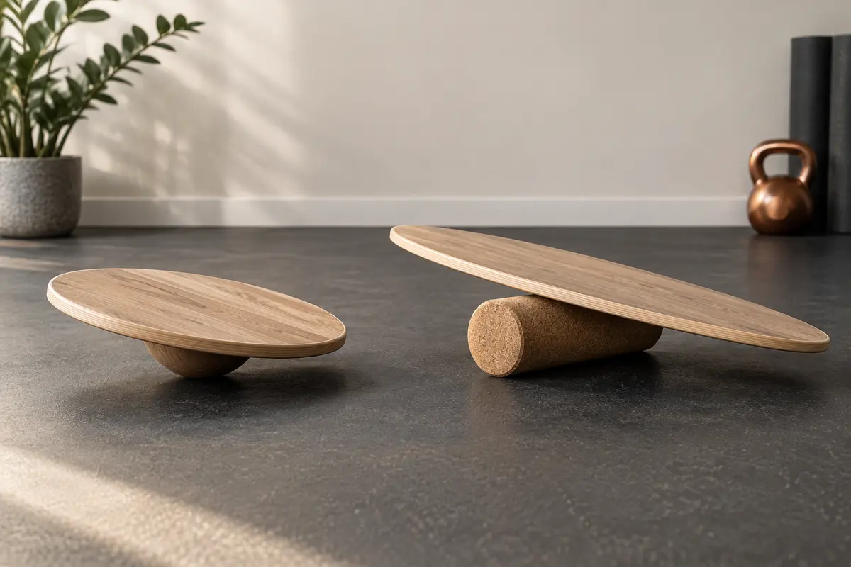 Wooden wobble board beside a roller balance board showing the difference between the two designs