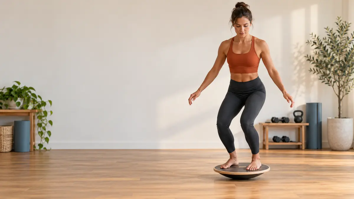 Woman performing a controlled ankle exercise on a wooden wobble board.