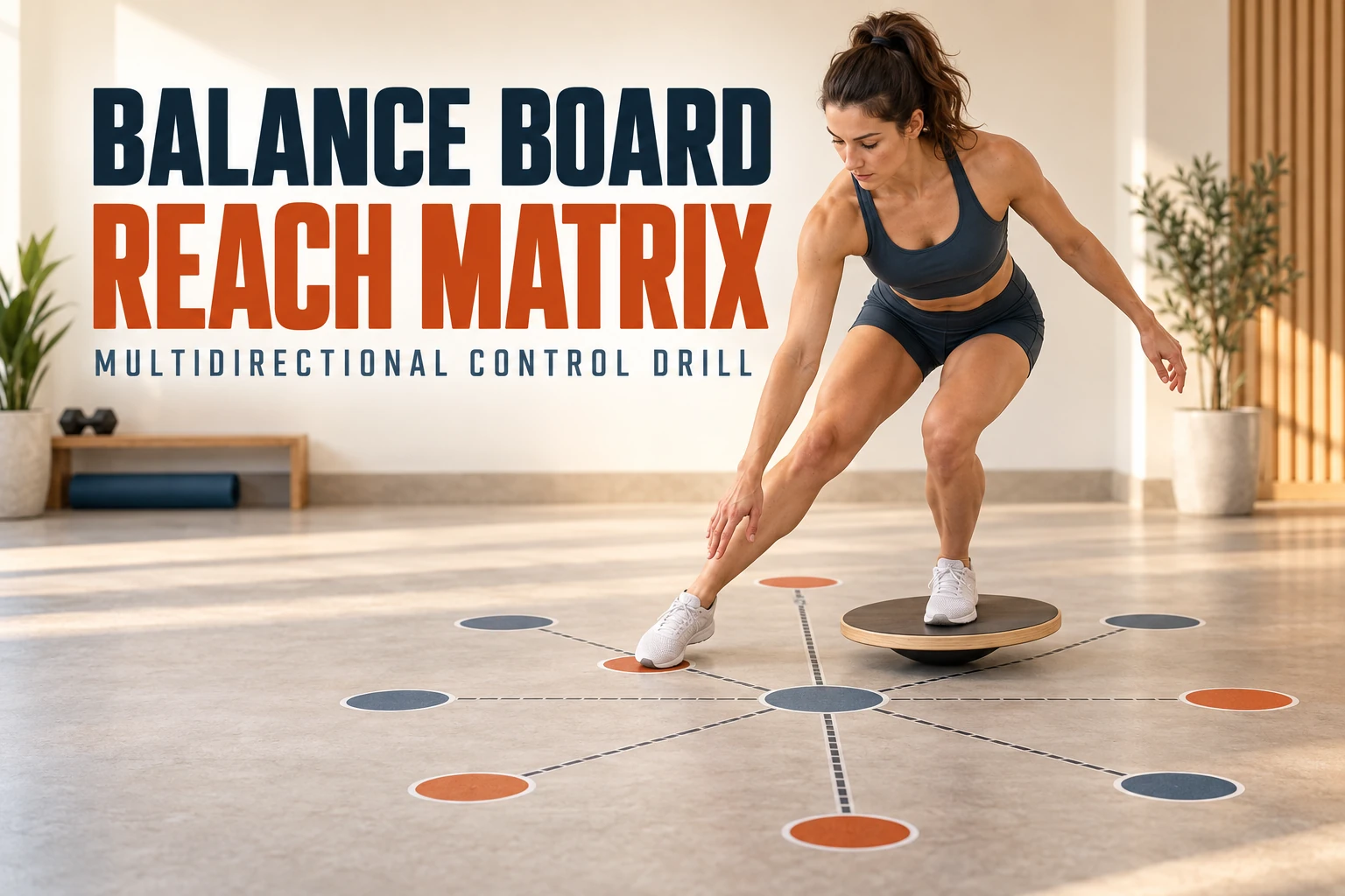 Woman performing a multidirectional reach drill while balancing on a wooden wobble board.