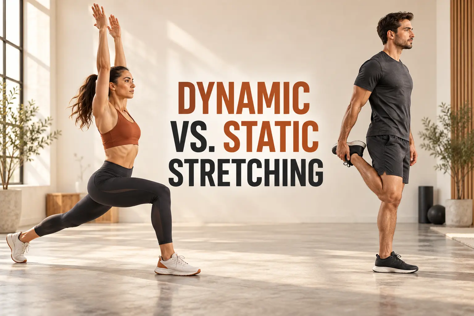 Dynamic versus static stretching comparison showing a walking lunge and a standing quadriceps stretch.