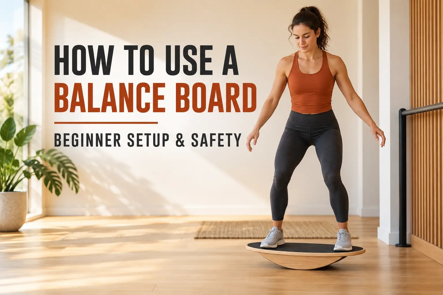 Beginner standing with soft knees on a wooden balance board near a stable handrail.