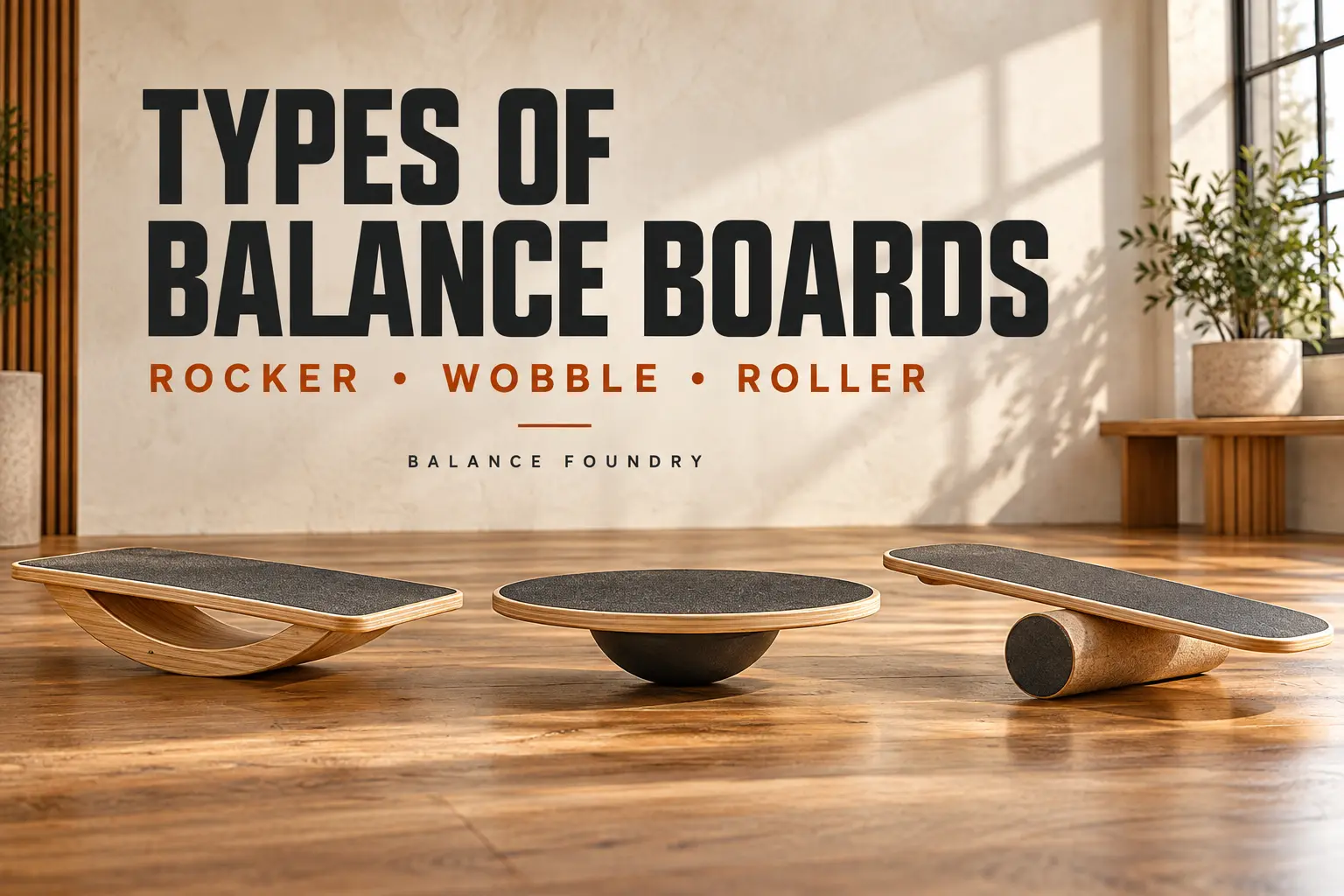 Three types of balance boards—a rocker board, wobble board, and roller board—displayed in a modern training studio.
